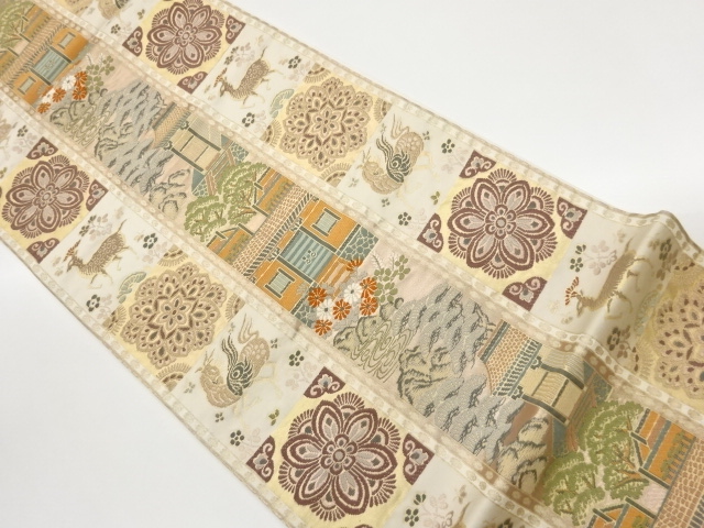 瑞獣・華紋に屋敷・草花模様織出し袋帯